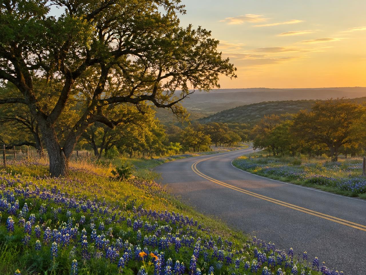 Hill Country road lined with bluebonnets