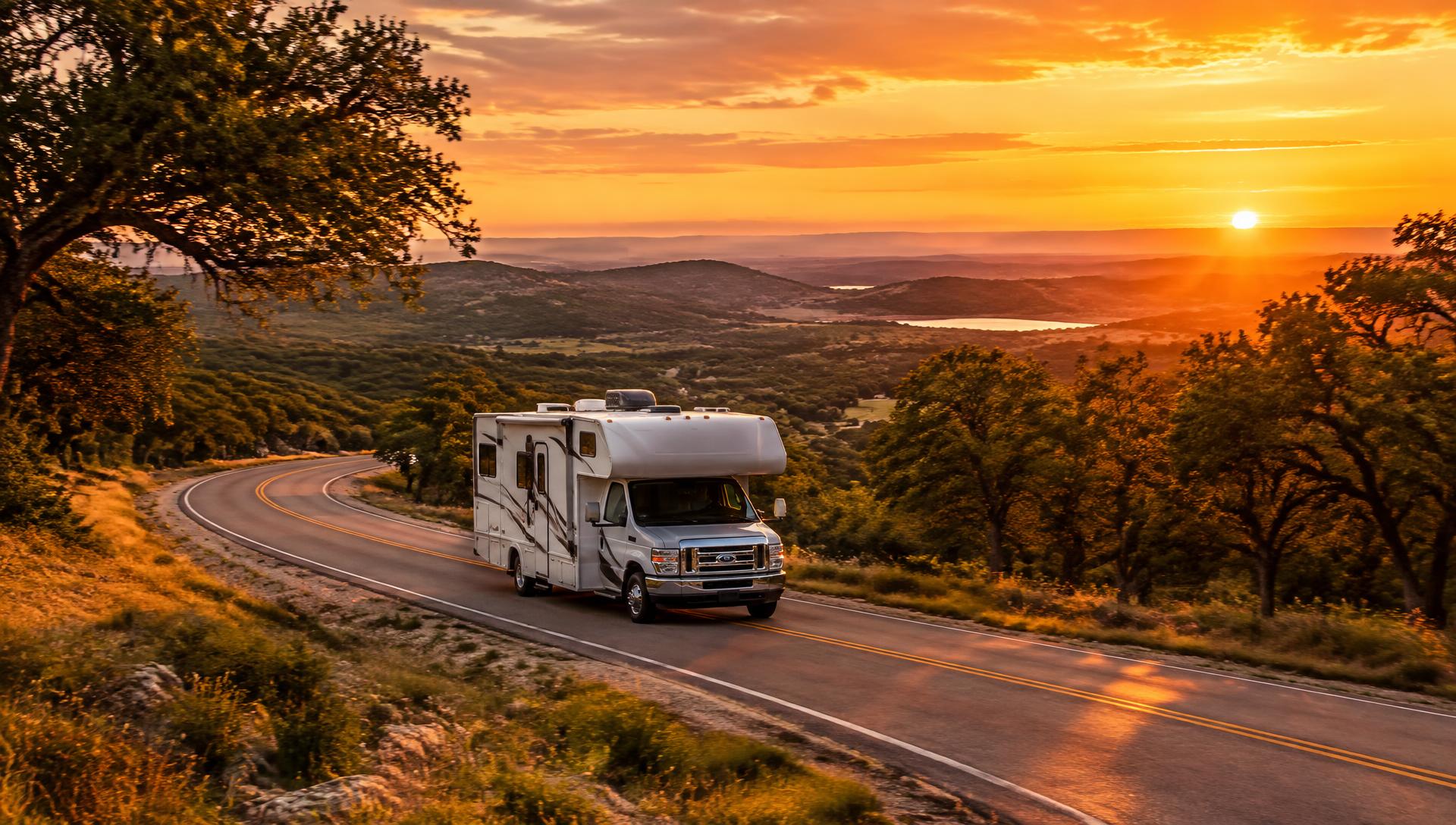 RV driving through Texas Hill Country